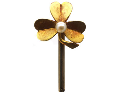 Edwardian 15ct Gold & Natural Pearl Three Leaf Clover Tie Pin