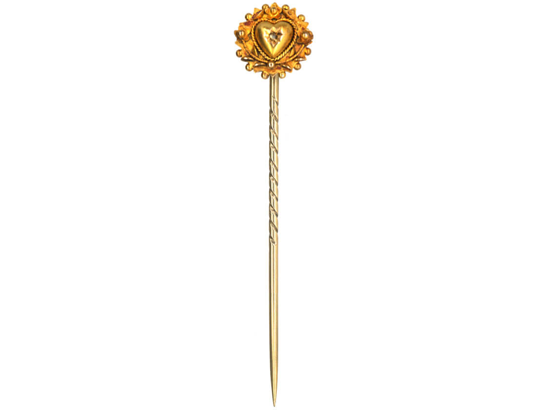 Victorian 15ct Gold Heart & Flowers Tie Pin set with a Rose Diamond ...