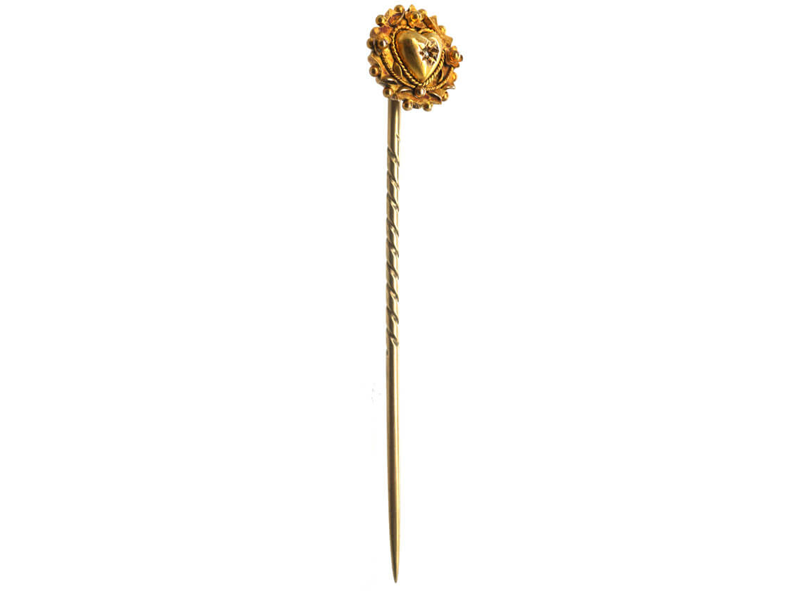 Victorian 15ct Gold Heart & Flowers Tie Pin set with a Rose Diamond ...