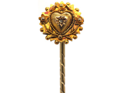 Victorian 15ct Gold Heart & Flowers Tie Pin set with a Rose Diamond