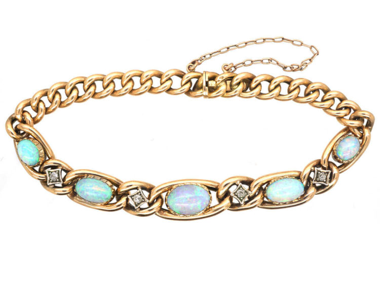 Edwardian 15ct Gold, Opal & Diamond Curb Bracelet