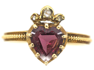 Victorian 18ct Gold Garnet Heart Ring with Diamond Set Crown Top