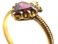 Victorian 18ct Gold Garnet Heart Ring with Diamond Set Crown Top