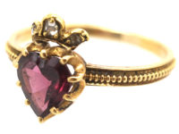 Victorian 18ct Gold Garnet Heart Ring with Diamond Set Crown Top