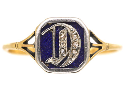 Edwardian 18ct Gold, Platinum, Blue Enamel & Rose Diamond Ring with Initial D