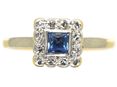 Art Deco 18ct Gold & Platinum Diamond & Sapphire Square Ring