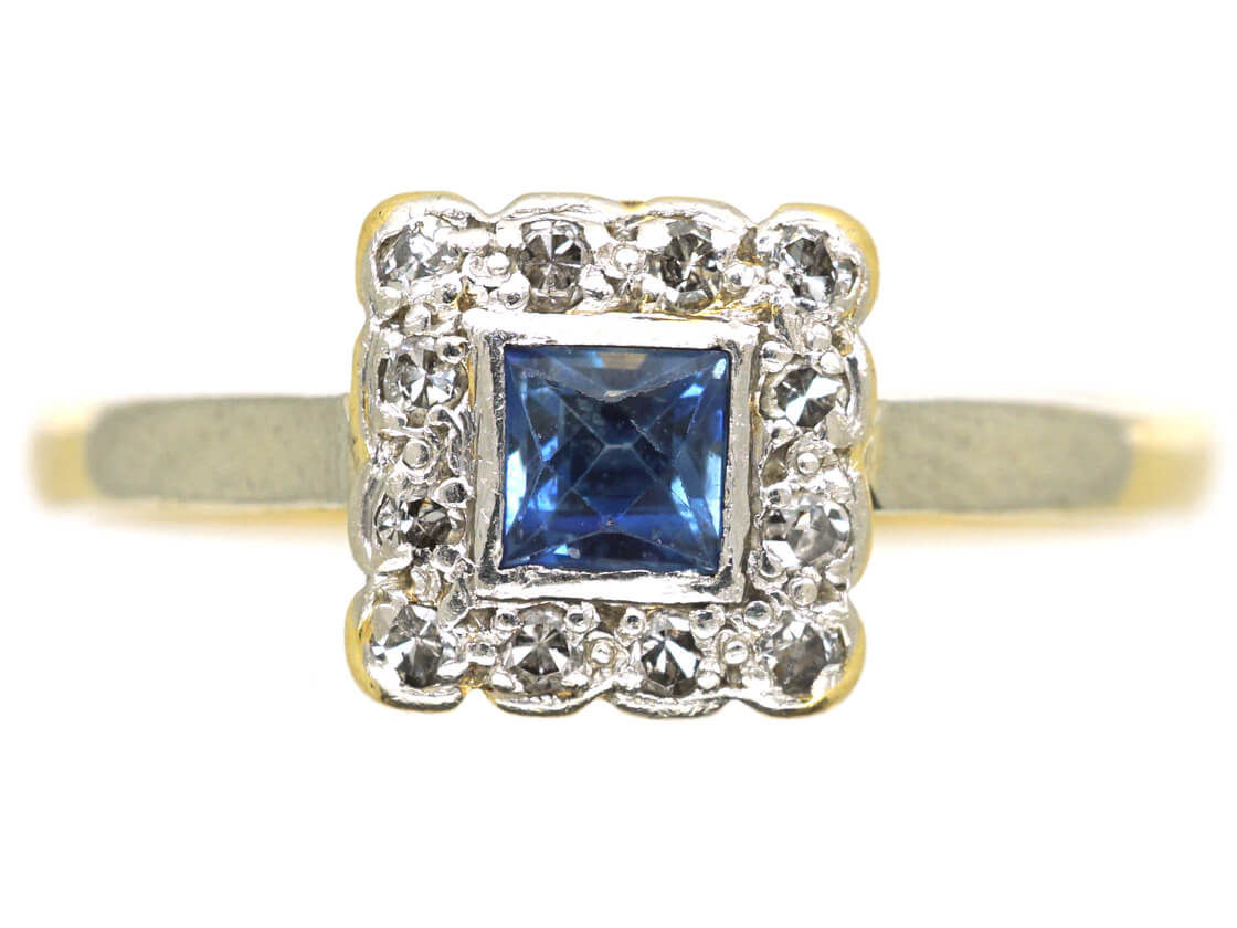 Art Deco 18ct Gold & Platinum Diamond & Sapphire Square Ring (350M ...