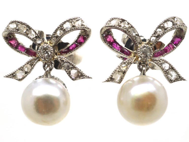 Edwardian Platinum, Diamond & Ruby Bow Earrings with Pearl Drops