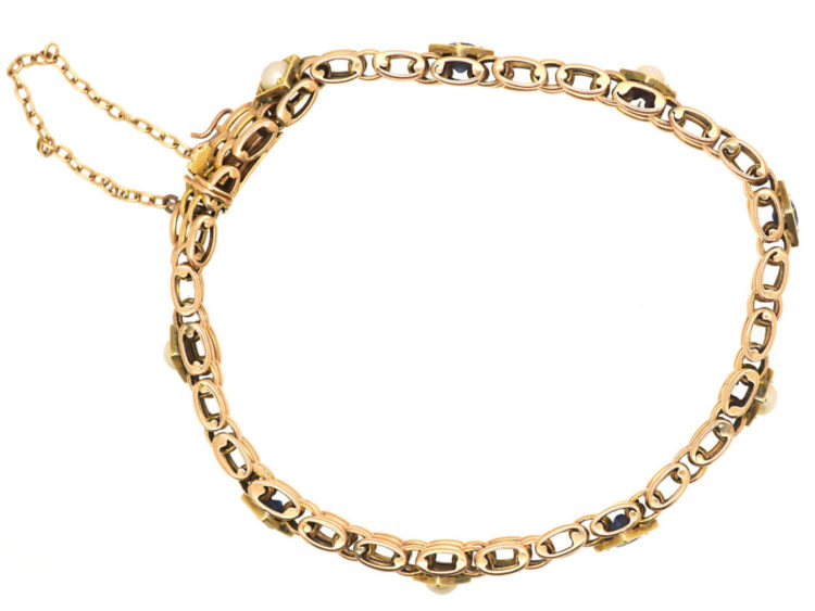 Edwardian 15ct Gold Sapphire & Natural Split Pearl Bracelet