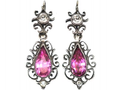 Edwardian Pink & White Paste Silver Drop Earrings