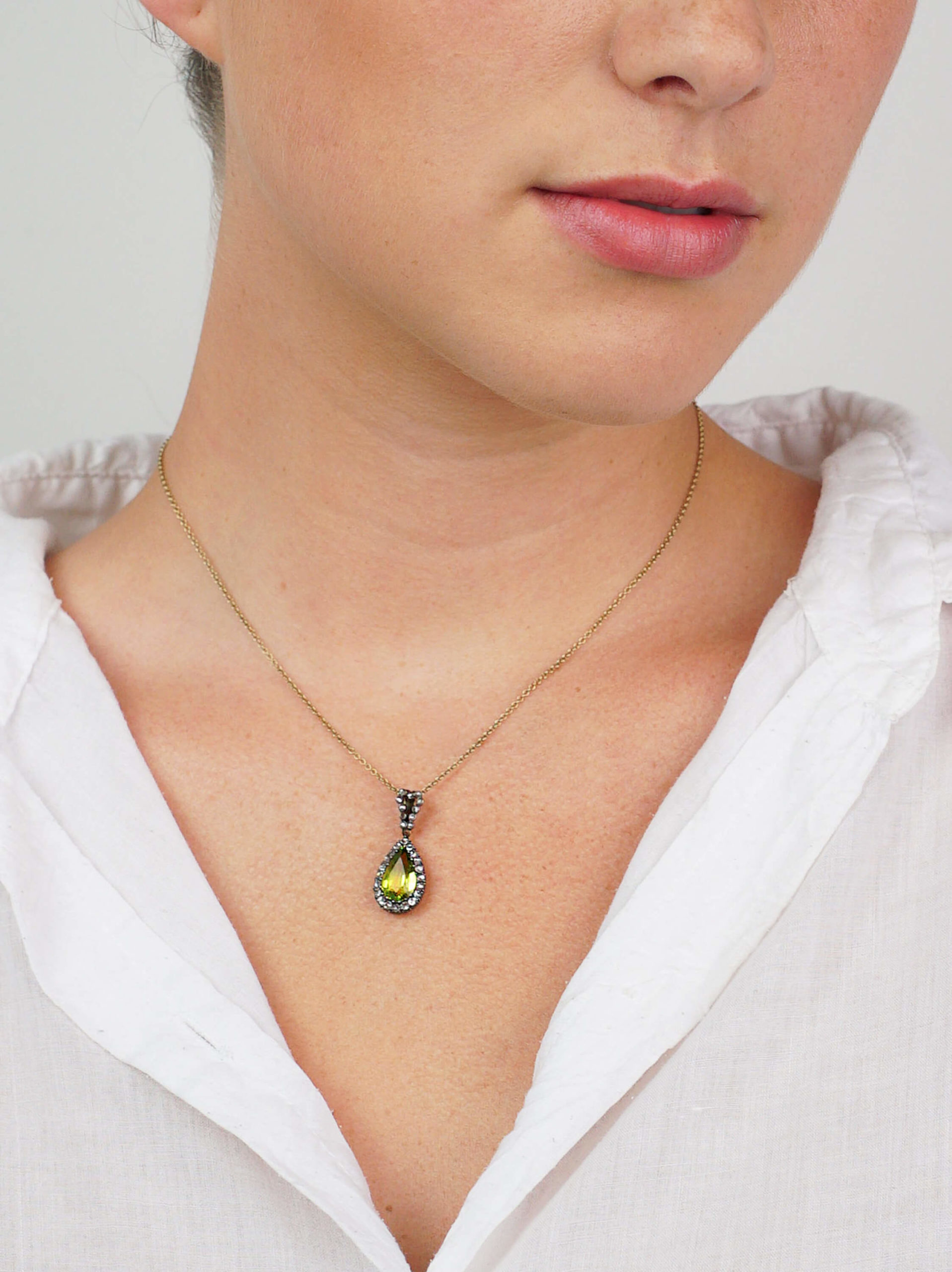 Edwardian Peridot Diamond Pear Shaped Pendant On Gold Chain 621G