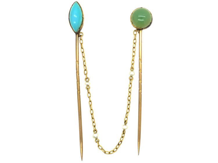 Edwardian Blue Chalcedony & Jade Double Tie Pins on 15ct Gold & Natural Pearl Chain in Original Case
