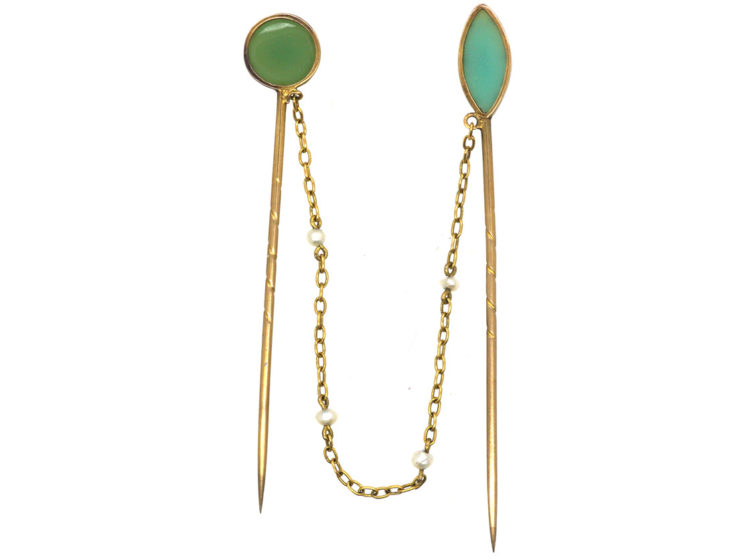 Edwardian Blue Chalcedony & Jade Double Tie Pins on 15ct Gold & Natural Pearl Chain in Original Case
