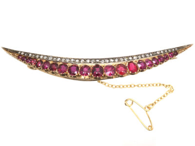 Victorian 15ct Gold, Ruby & Diamond Crescent Brooch