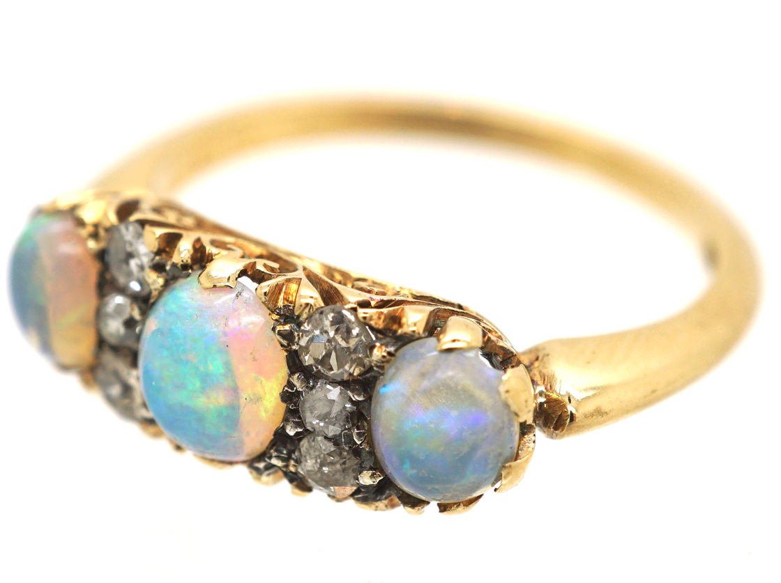Victorian 18ct Gold, Three Stone Opal & Diamond Ring (261M) | The ...