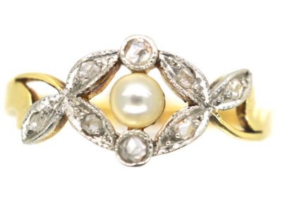 Art Nouveau 18ct Gold, Rose Diamond & Natural Pearl Ring