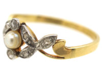 Art Nouveau 18ct Gold, Rose Diamond & Natural Pearl Ring