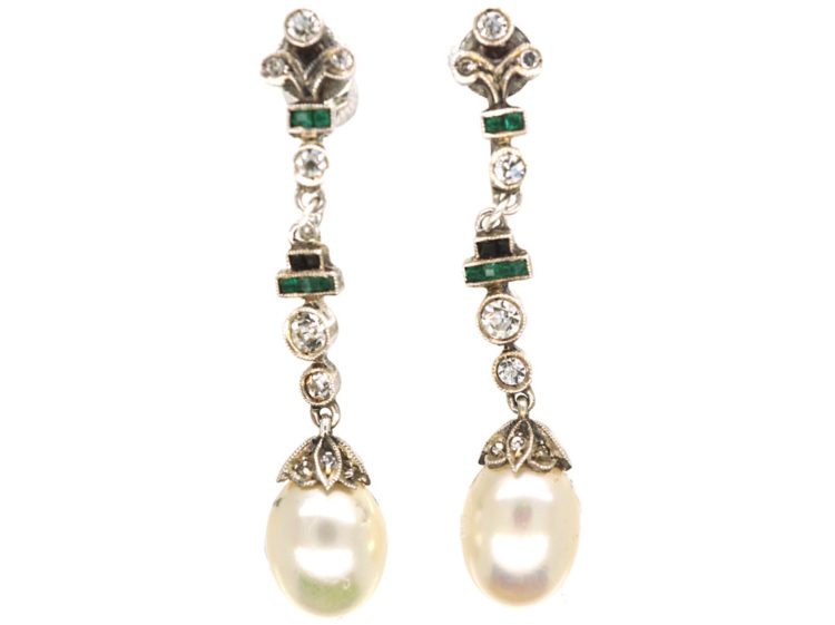 Art Deco Silver, Faux Pearl & Paste Drop Earrings