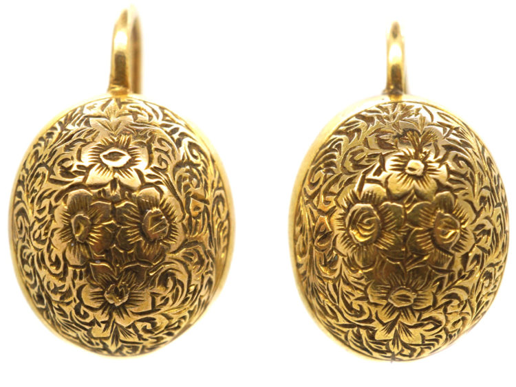 Victorian 15ct Gold Engraved Oval Earrings