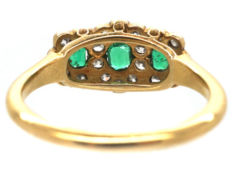 Edwardian 18ct Gold & Platinum Triple Cluster Emerald & Diamond Ring