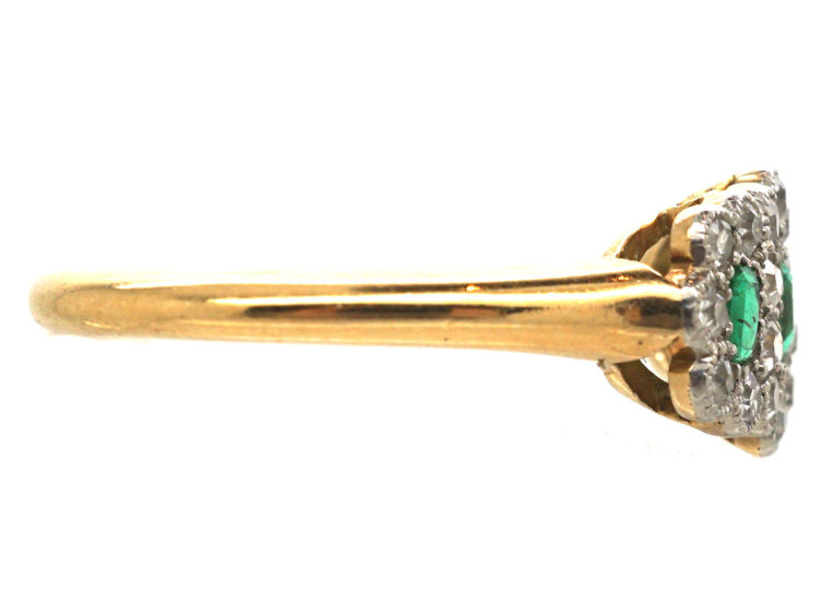 Edwardian 18ct Gold & Platinum Triple Cluster Emerald & Diamond Ring