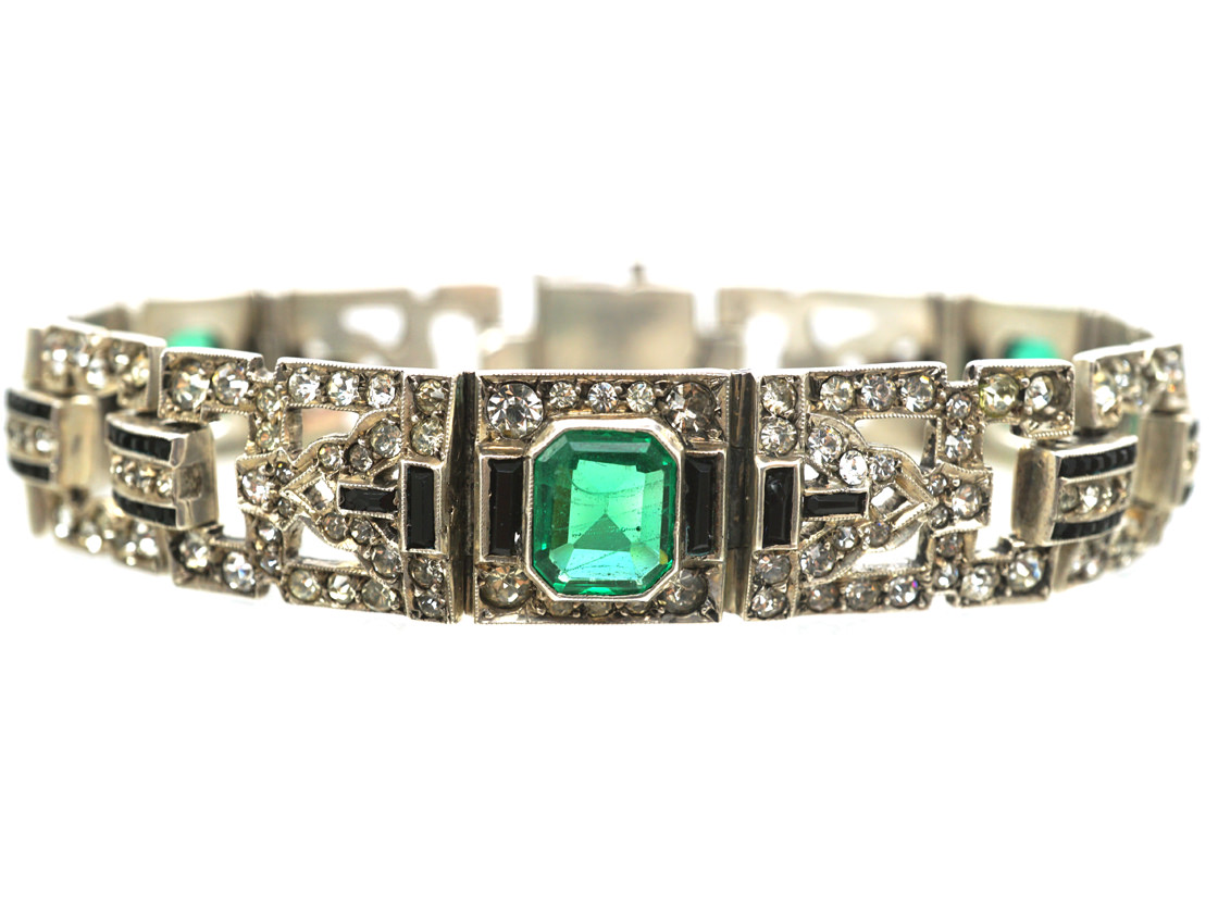 Art Deco Silver Green, Black & White Paste Bracelet (C14) | The Antique ...