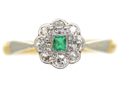 Edwardian 18ct & Platinum, Emerald & Diamond Cluster Ring