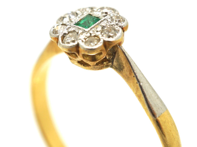 Edwardian 18ct & Platinum, Emerald & Diamond Cluster Ring