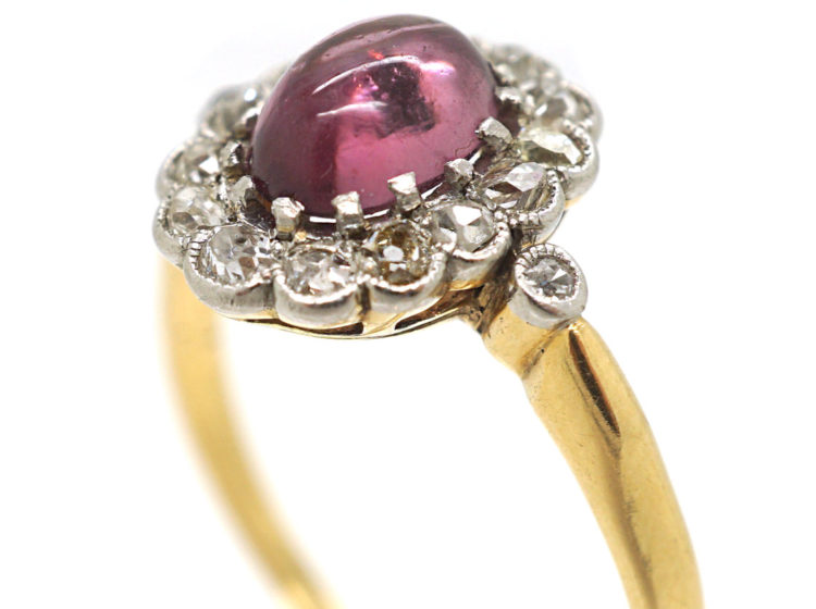Edwardian 14ct Gold, Diamond & Cabochon Pink Tourmaline Cluster Ring