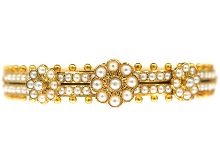 Victorian 15ct Gold Triple Natural Split Pearl Cluster Bangle