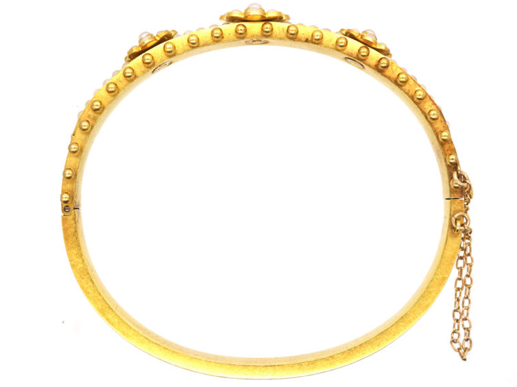 Victorian 15ct Gold Triple Natural Split Pearl Cluster Bangle