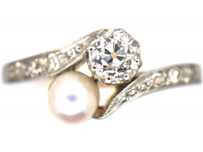 Edwardian 18ct Gold & Platinum Crossover Ring set with a Natural Pearl & a Diamond