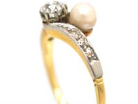 Edwardian 18ct Gold & Platinum Crossover Ring set with a Natural Pearl & a Diamond