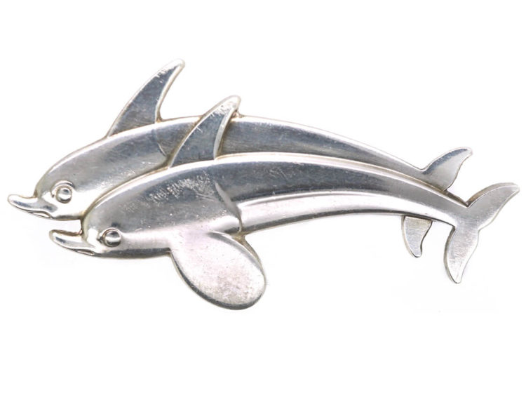 Georg Jensen Silver Dolphins Brooch Designed by Arno Malinowski