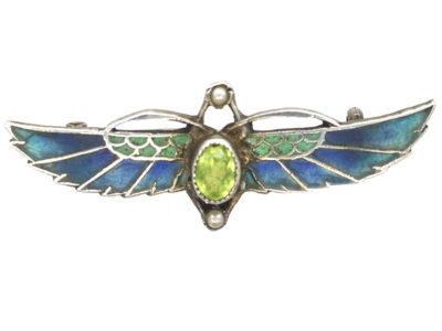 Egyptian Revival Silver & Plique a Jour Scarab Brooch