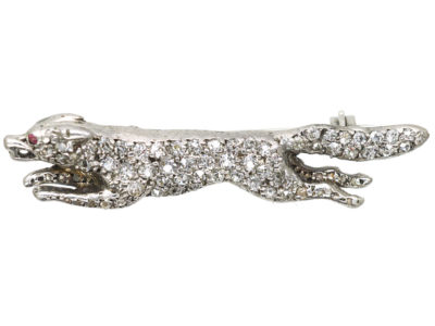 Edwardian Diamond Set Fox Brooch with Ruby Eyes