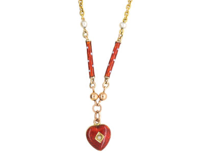 Edwardian 9ct Gold & Strawberry Red & White Enamel Heart Necklace