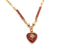 Edwardian 9ct Gold & Strawberry Red & White Enamel Heart Necklace