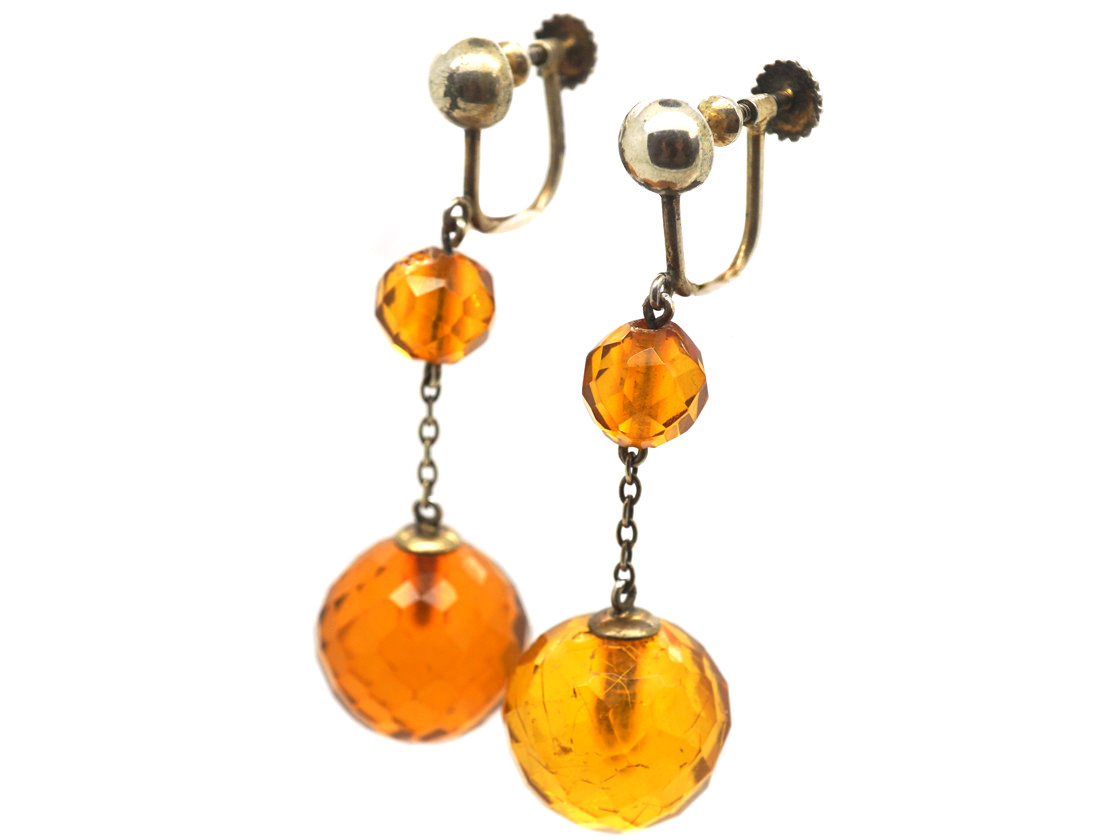 Edwardian Silver & Faceted Amber Drop Earrings (462M) | The Antique ...