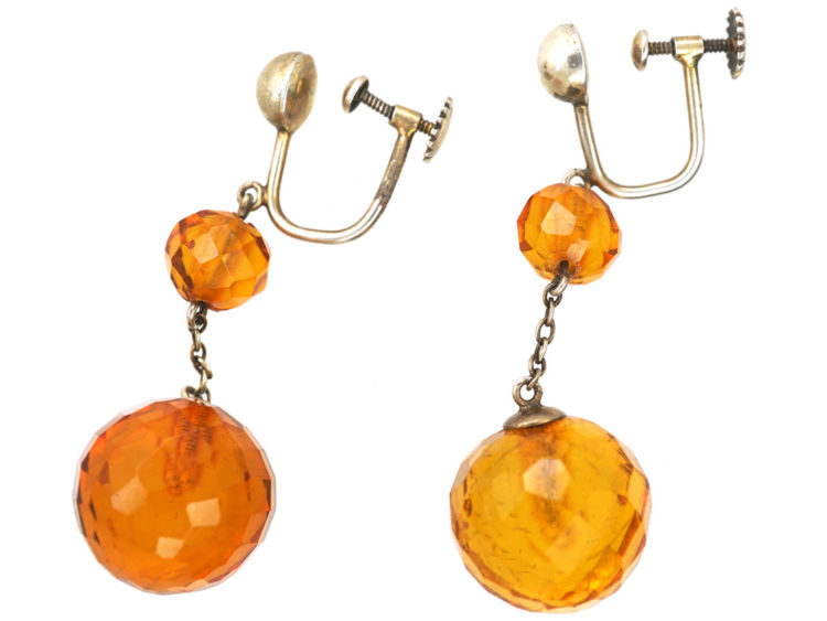 Edwardian Silver & Faceted Amber Drop Earrings