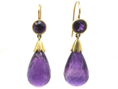 Edwardian 15ct Gold & Amethyst Pear Shaped Drop Earrings