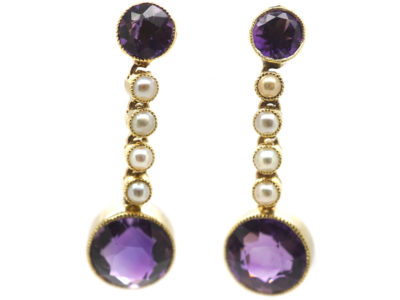 Edwardian 15ct Gold,  Amethyst & Pearl Drop Earrings