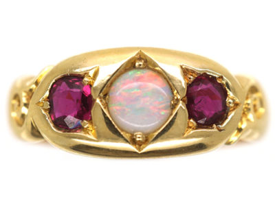 Victorian 22ct Gold Ruby & Opal Three stone Ring