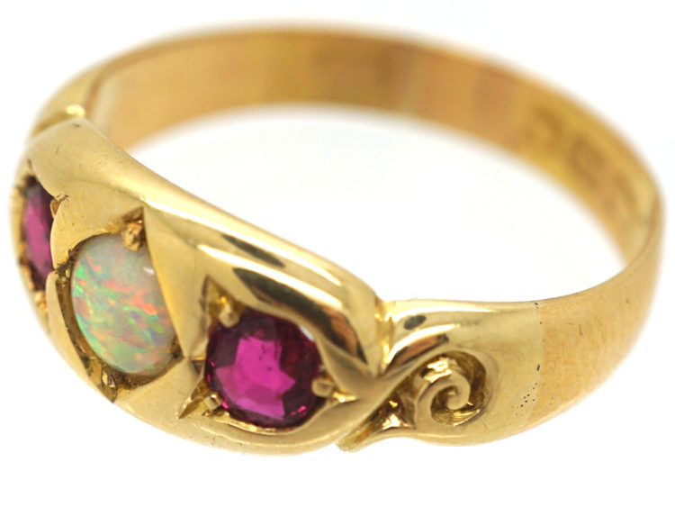 Victorian 22ct Gold Ruby & Opal Three stone Ring