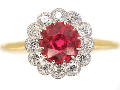 Edwardian 18ct Gold & Platinum, Red Spinel & Diamond Cluster Ring