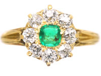 Edwardian 18ct Gold, Emerald & Diamond Cluster Ring