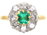 Edwardian 18ct Gold and Platinum, Emerald & Diamond Cluster Ring