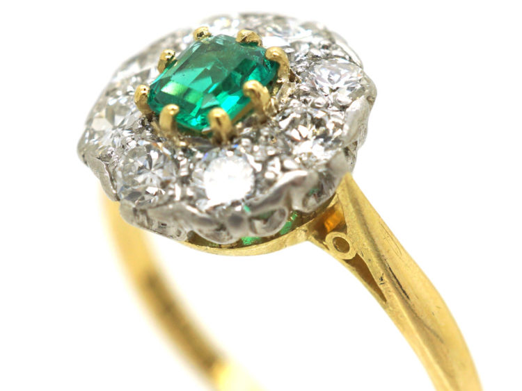 Edwardian 18ct Gold and Platinum, Emerald & Diamond Cluster Ring