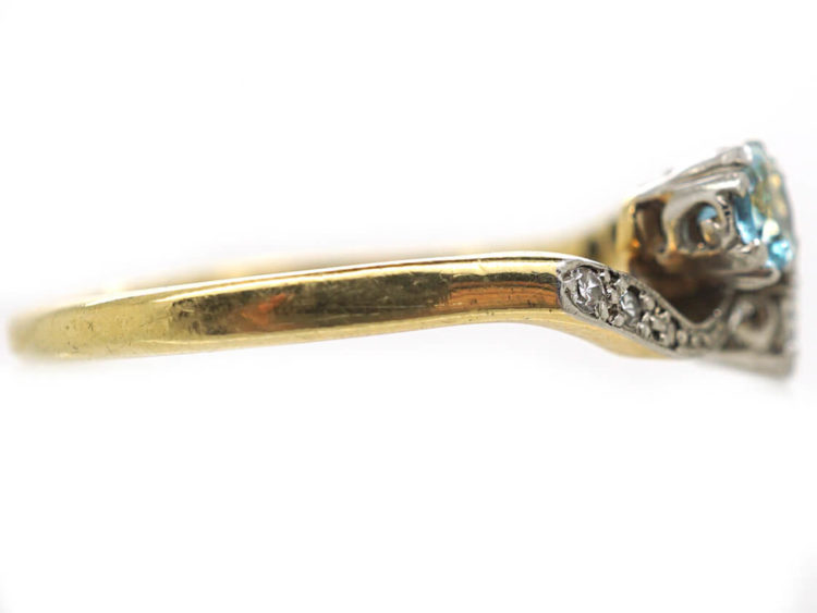 Edwardian 18ct Gold & Platinum, Aquamarine & Diamond Crossover Ring