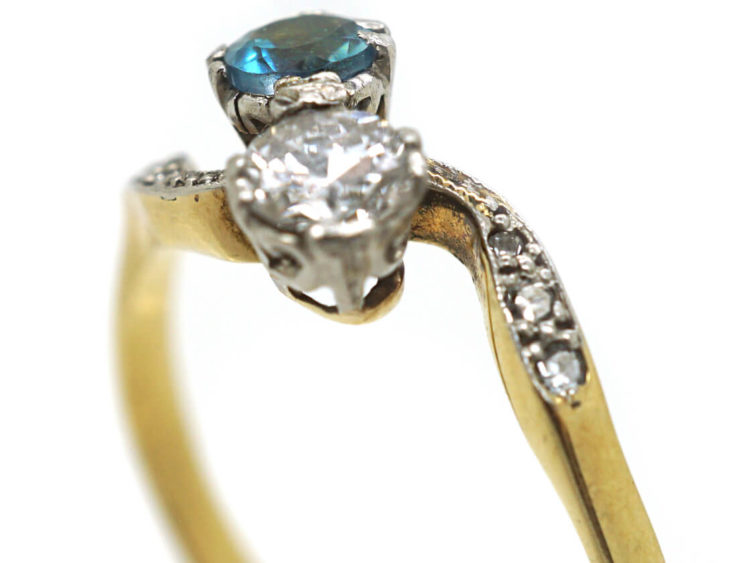 Edwardian 18ct Gold & Platinum, Aquamarine & Diamond Crossover Ring